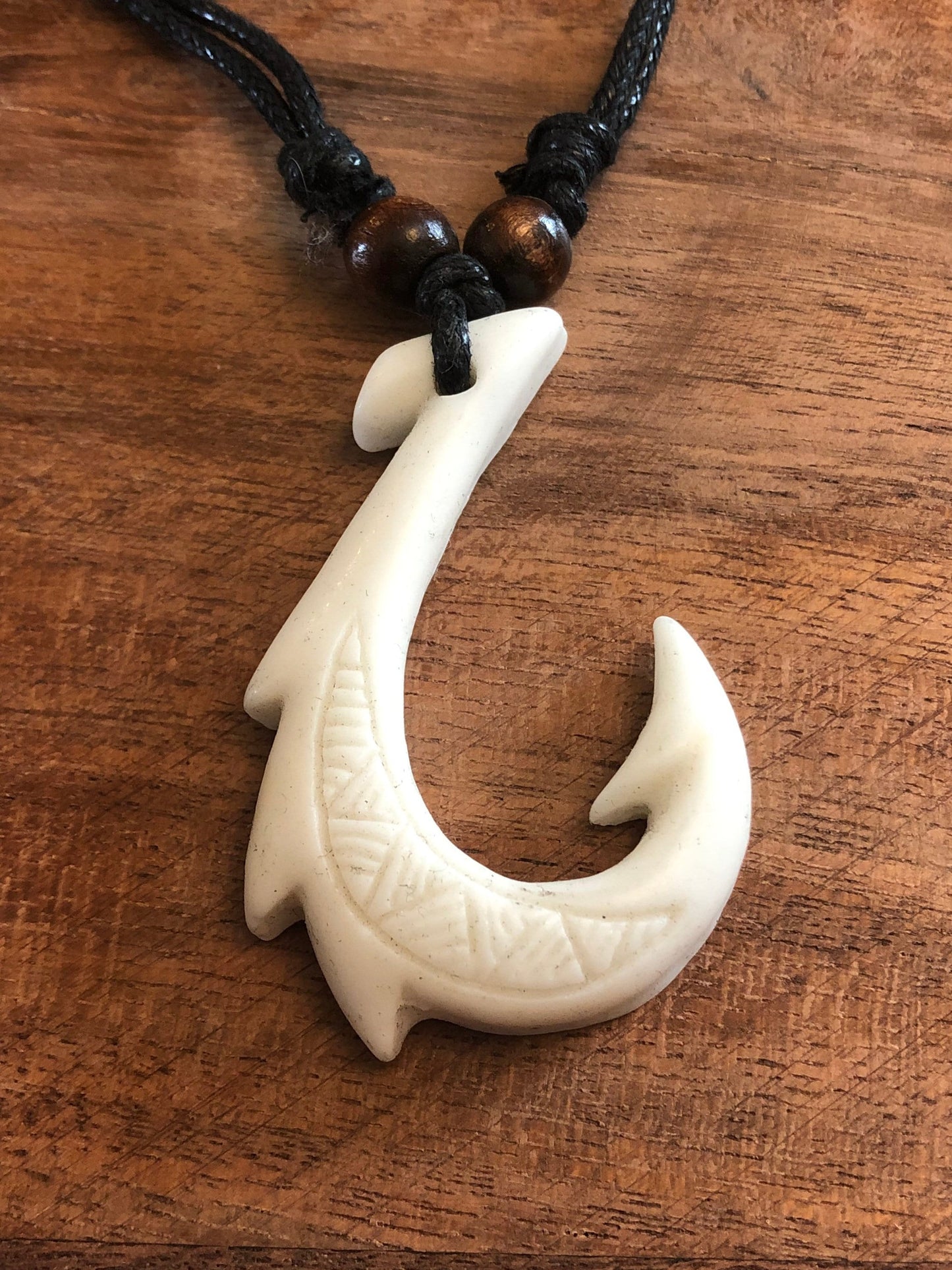 Polynesian Makau Fish Hook Necklace, White Bone Resin, Adjustable Boho Surfer Style