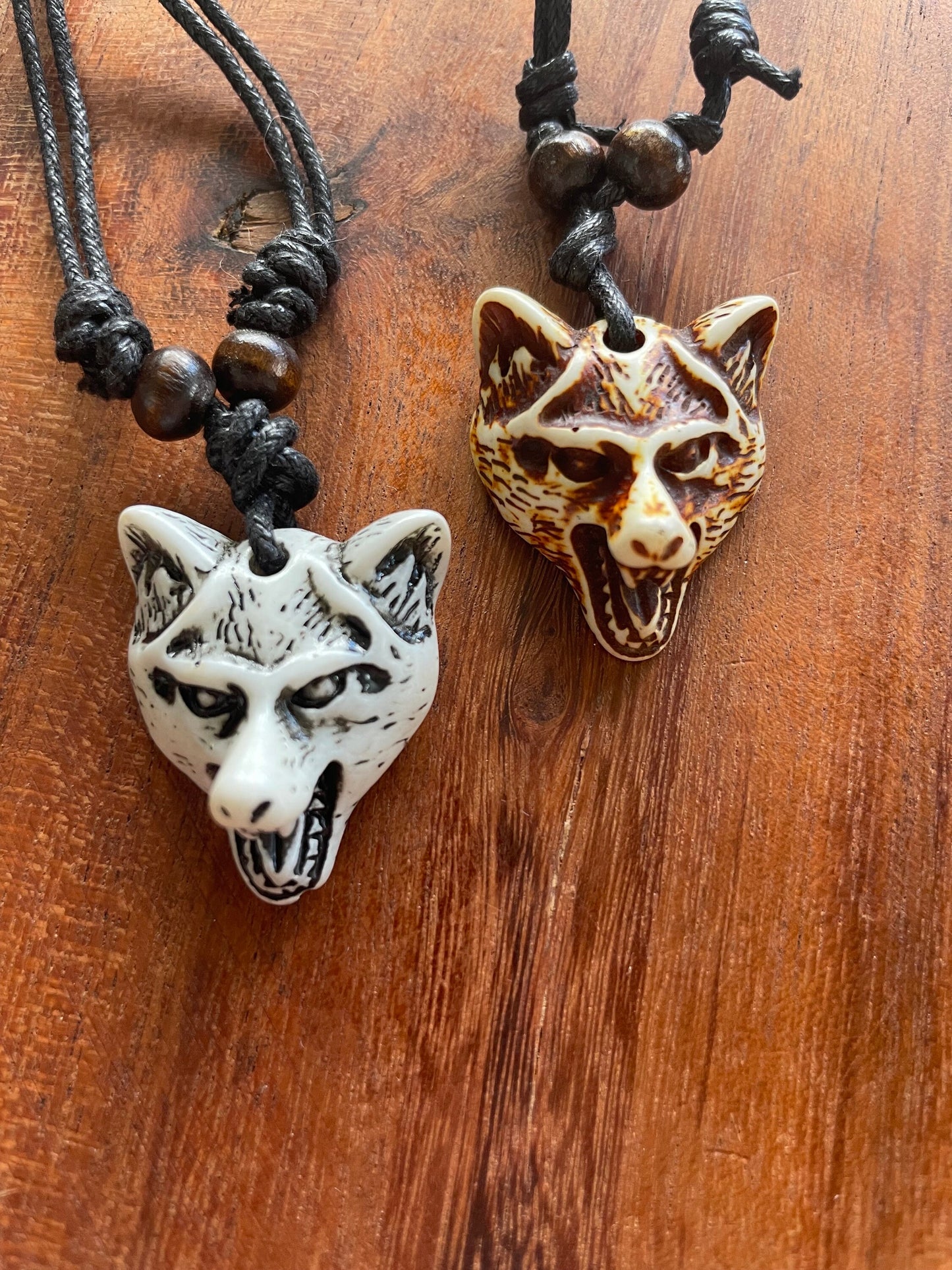 Naturalistic Styled Tribal Hand Crafted Bone and Resin Wolf or Dog Head Adjustable Necklace