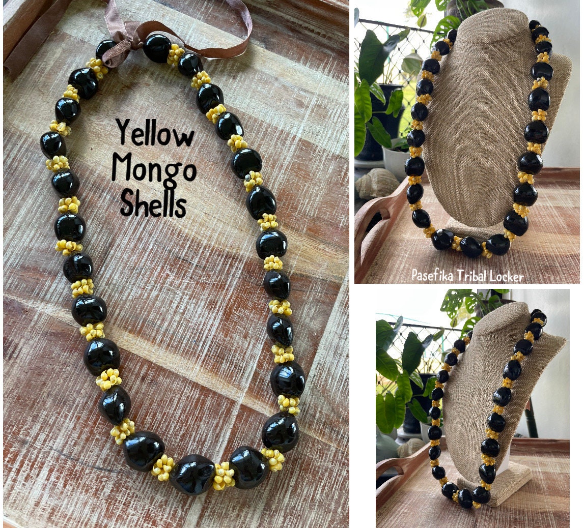 Authentic Kukui Nut Lei – Mongo Shell Necklace, Adjustable Ribbon