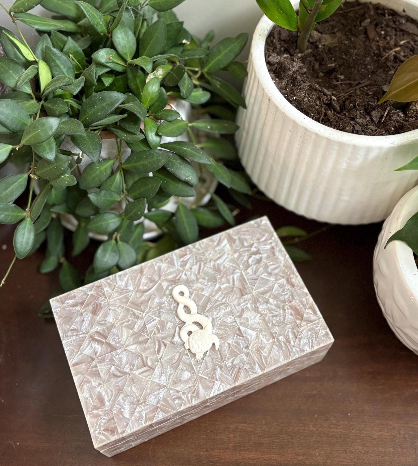 Hand-Crafted Polynesian Trinket Box, Faux Shell Inlay, Bone Turtle Charm
