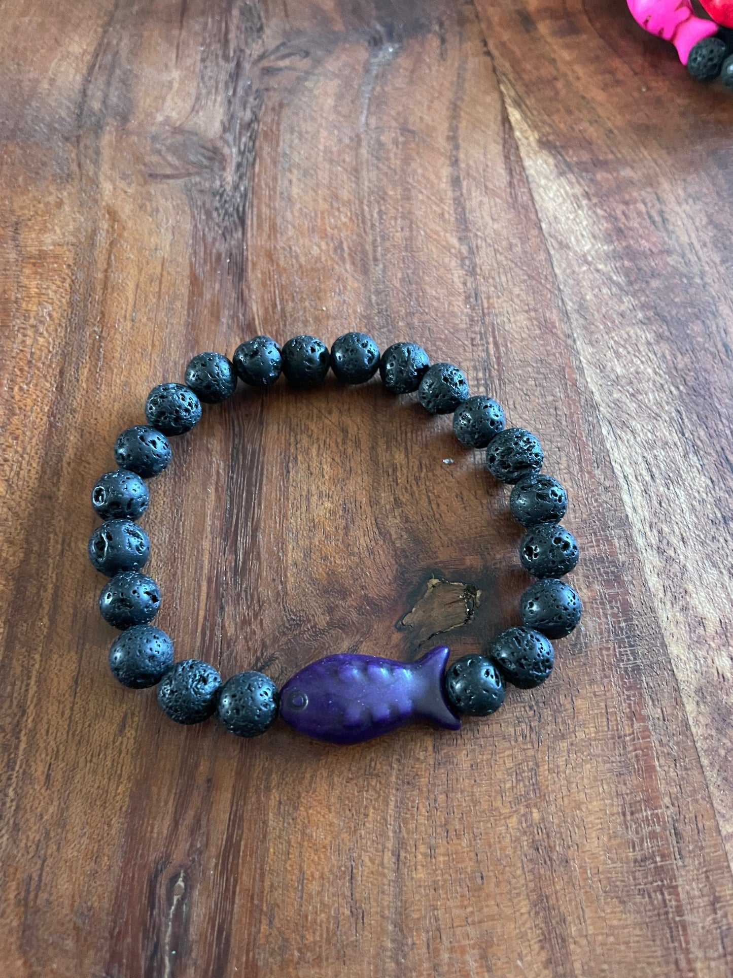 Authentic Lava Bead Elastic Bracelet with Clay Fish Bead