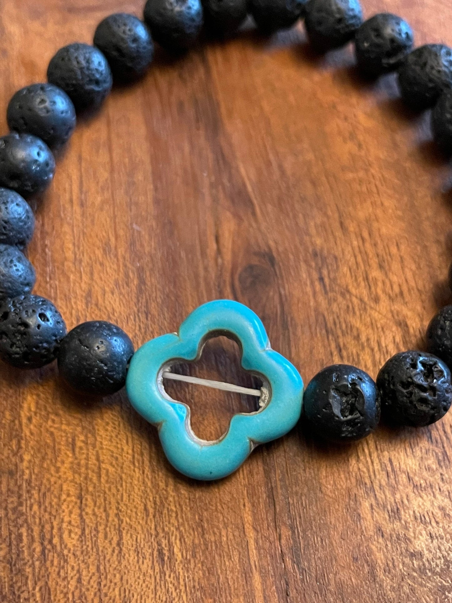 Authentic Lava Bead Elastic Bracelet with Clay Bead Clover Accent