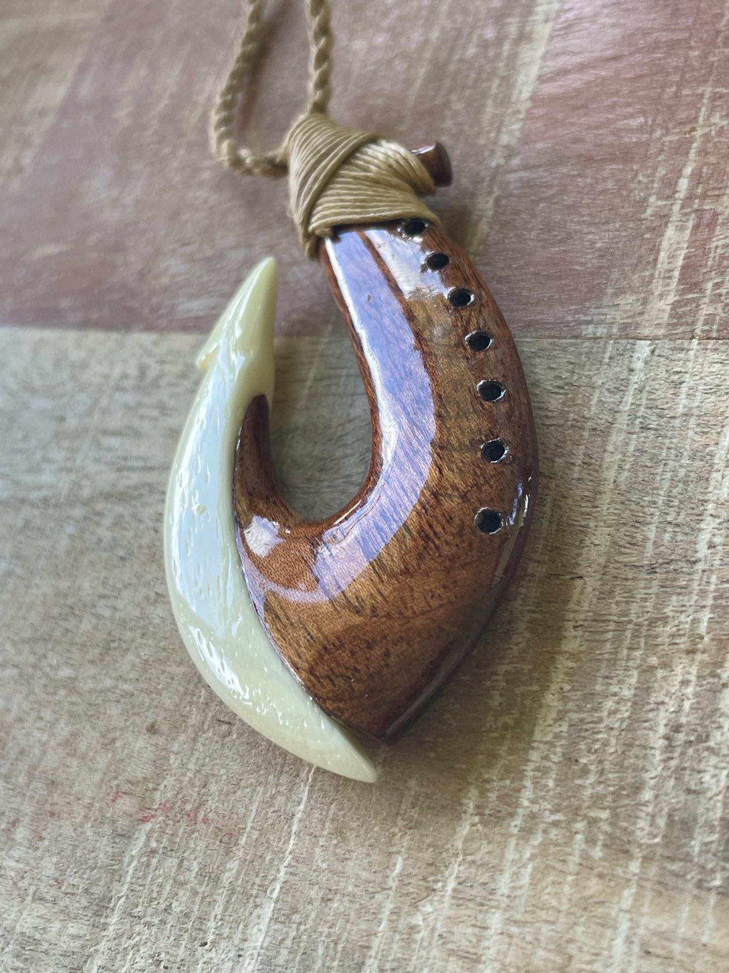 Handcarved Bone & Koa Wood Makau Necklace – Adjustable Cord