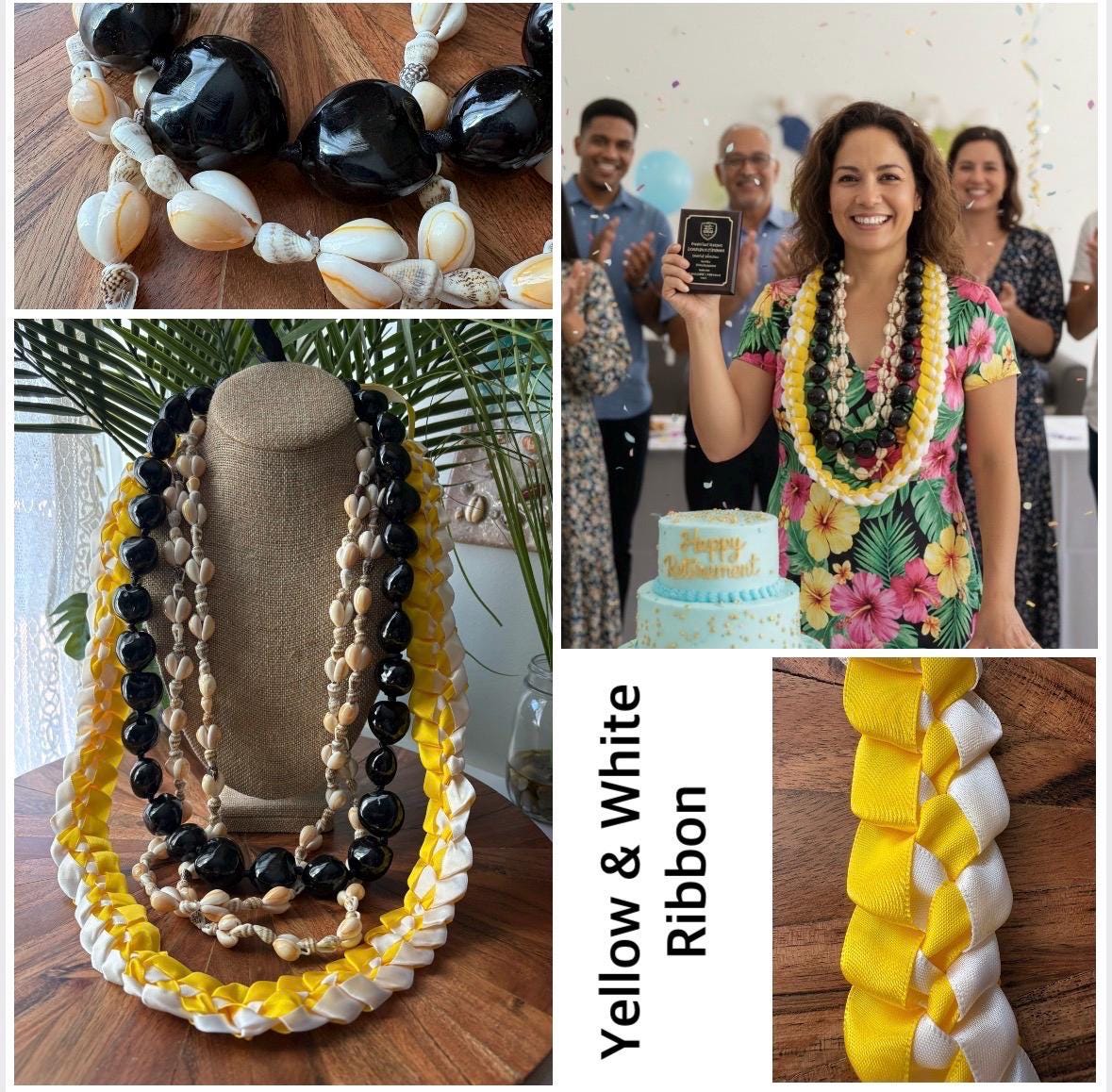 Hand Woven Ribbon Lei with Kukui Nut & Cowrie Shells