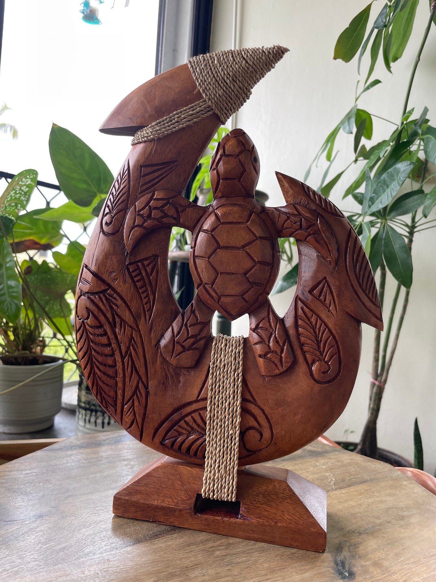 Amazingly Detailed Solid Sea Hibiscus Wood- Hand-Carved Makau with Honu or Sea Turtle on a Base. Beautiful Tribal Designs
