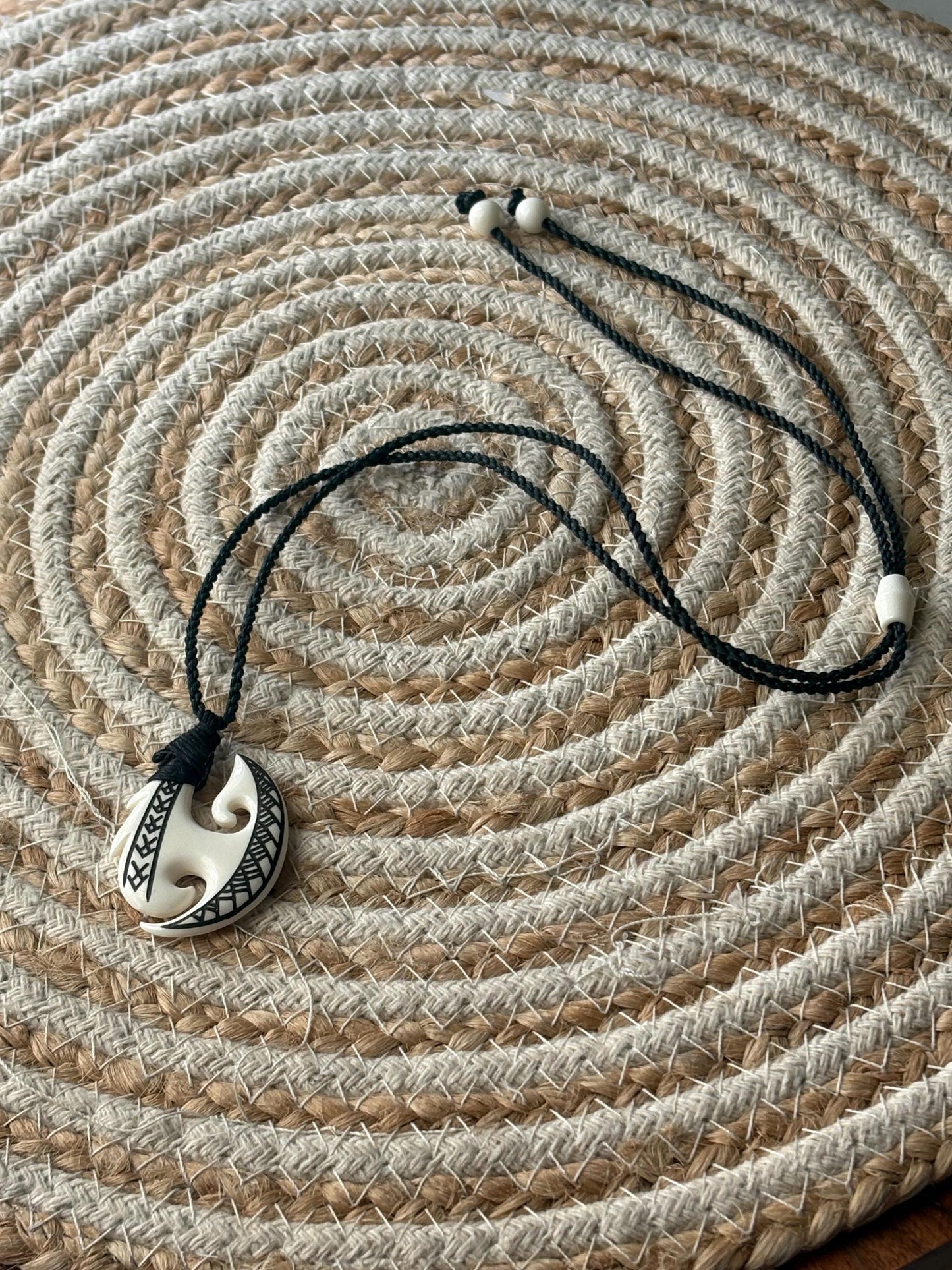 Hand Carved Buffalo Bone Makau Fish Hook Necklace Engraved with Pasefika Symbolism