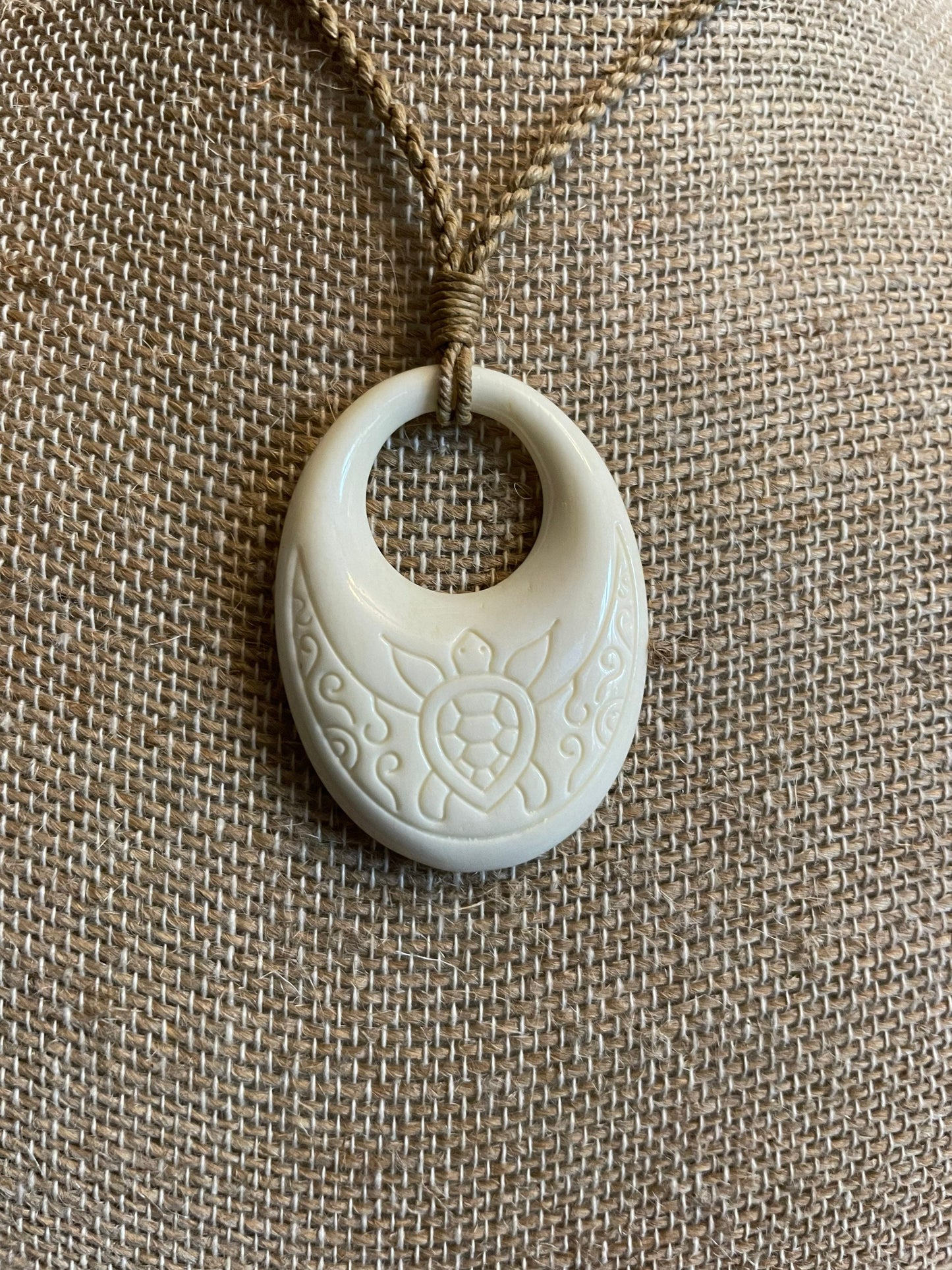 Solid Bone Handcarved Pendant with Sea Turtle, Honu, Engraved - Polynesian Beachy Boho Adjustable Necklace