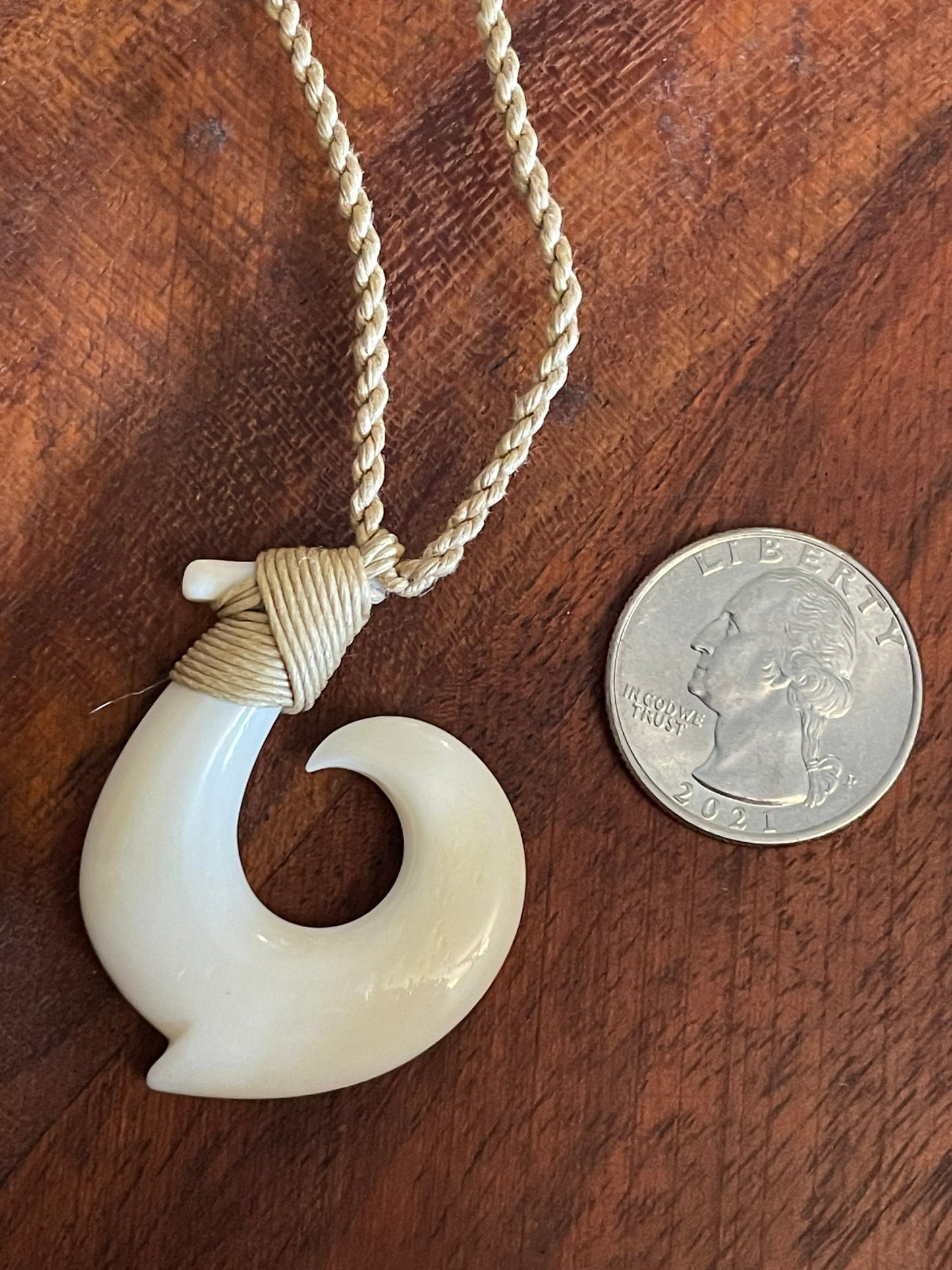 Hand Carved Bone Makau Necklace - Adjustable Polynesian Fish Hook