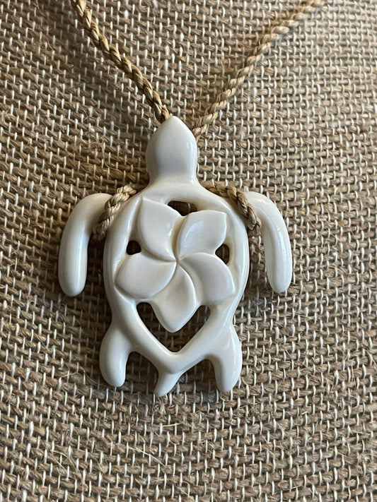 Hand Carved Bone Sea Turtle Necklace - Polynesian Plumeria Pendant
