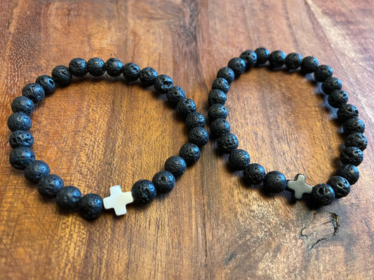 Petite 6mm Lava Bead Elastic Bracelet with Clay Cross Accent Bead