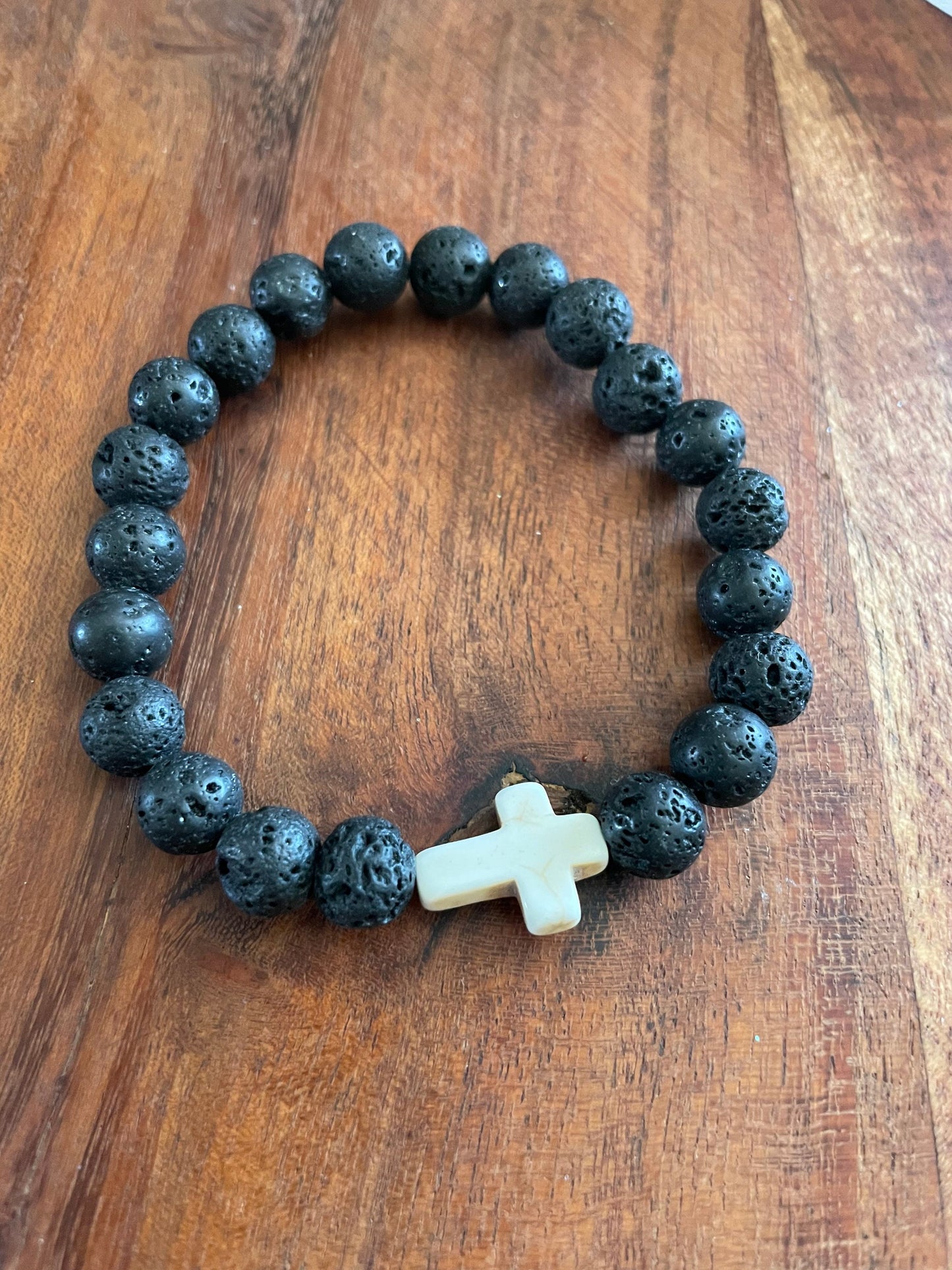 Solid Lava Beaded Elastic Bracelets with Christian Cross Clay Bead