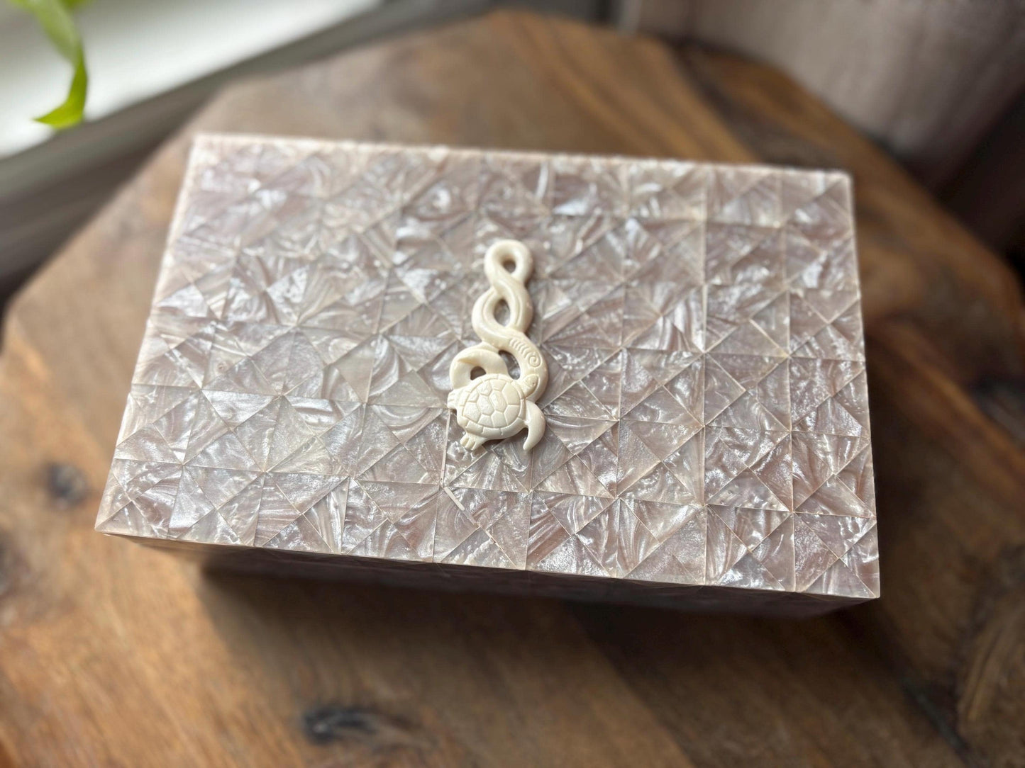 Hand-Crafted Polynesian Trinket Box, Faux Shell Inlay, Bone Turtle Charm