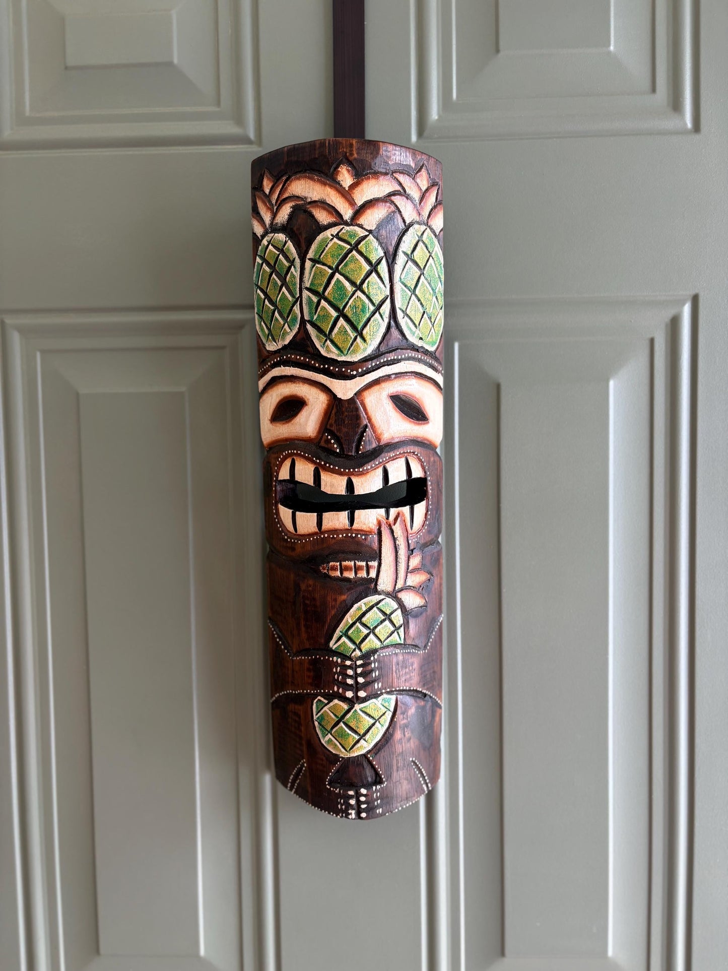 Pineapple Themed Teakwood Lightweight Handcarved and Handpainted Hawaiian Tiki Display