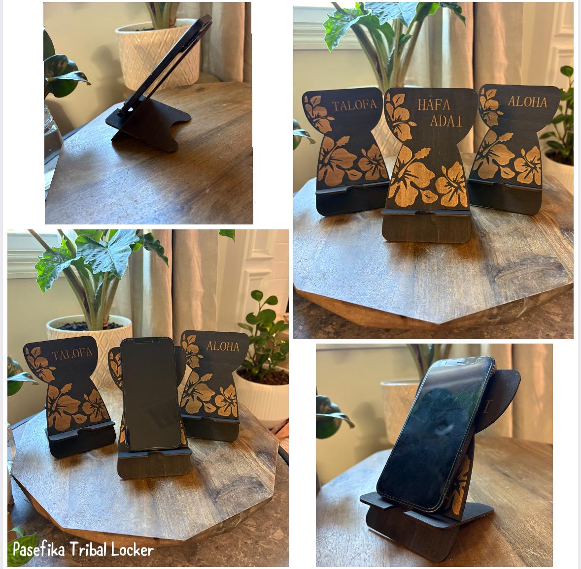 Customizable Micronesian, Polynesian Latte Stone Cell Phone Holder: Engraved Hibiscus Design