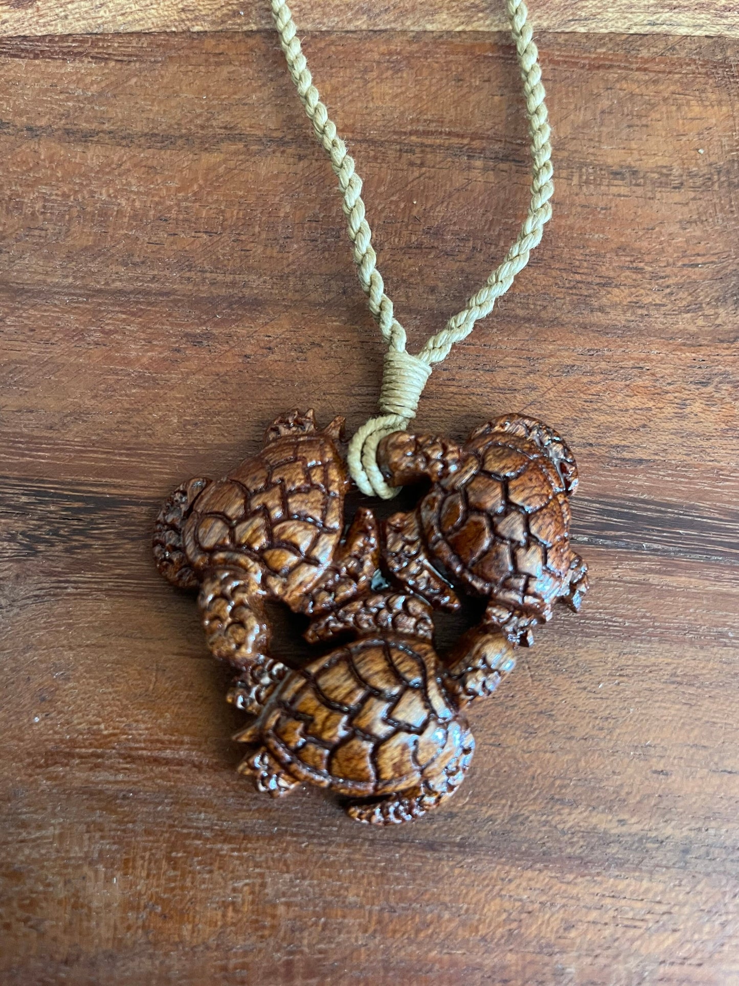 Hand Carved Koa Wood Sea Turtle Necklace – Adjustable Hemp Cord