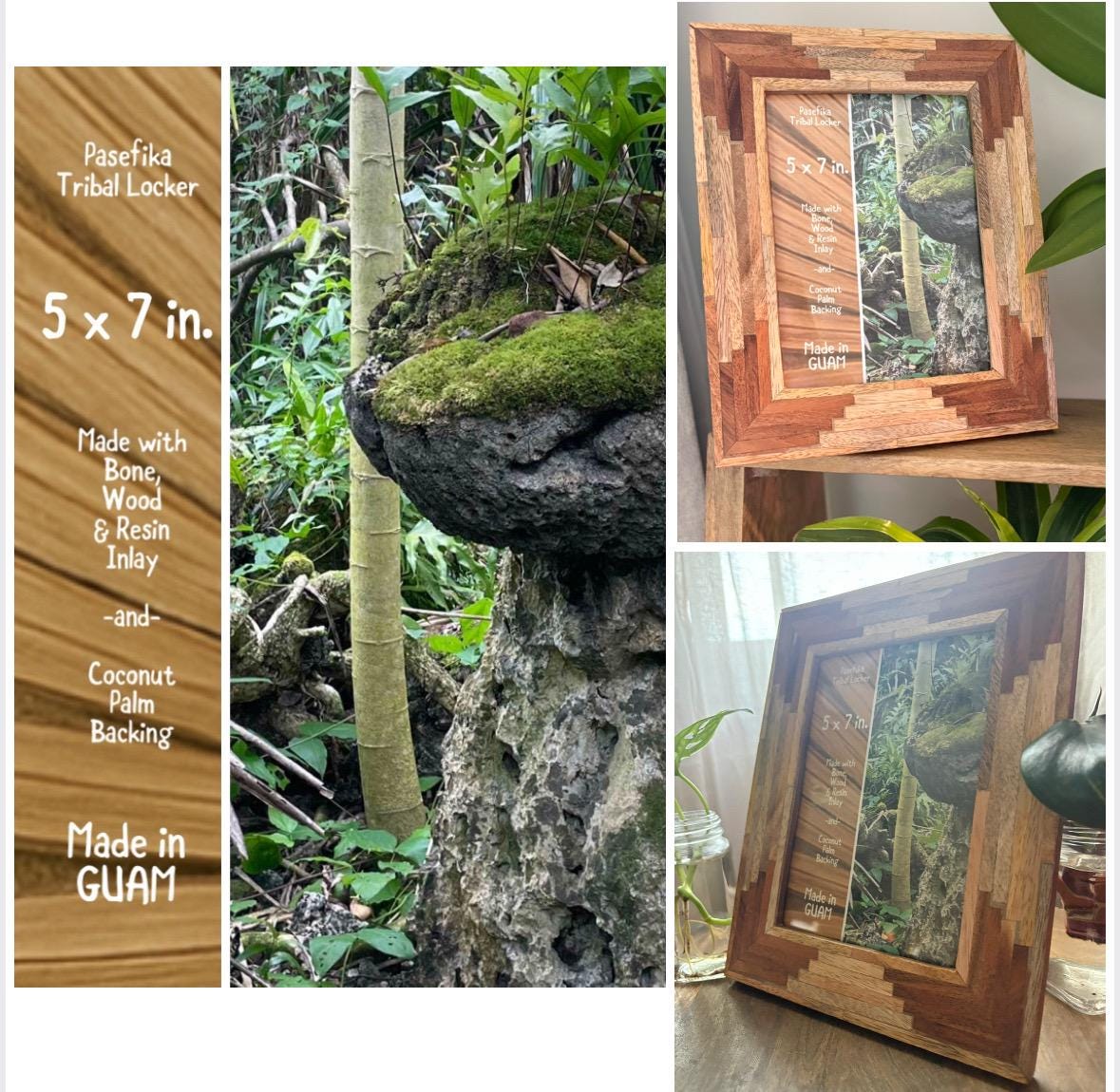 Polynesian Wood Inlay Picture Frame, Teak and Hibiscus, 5x7