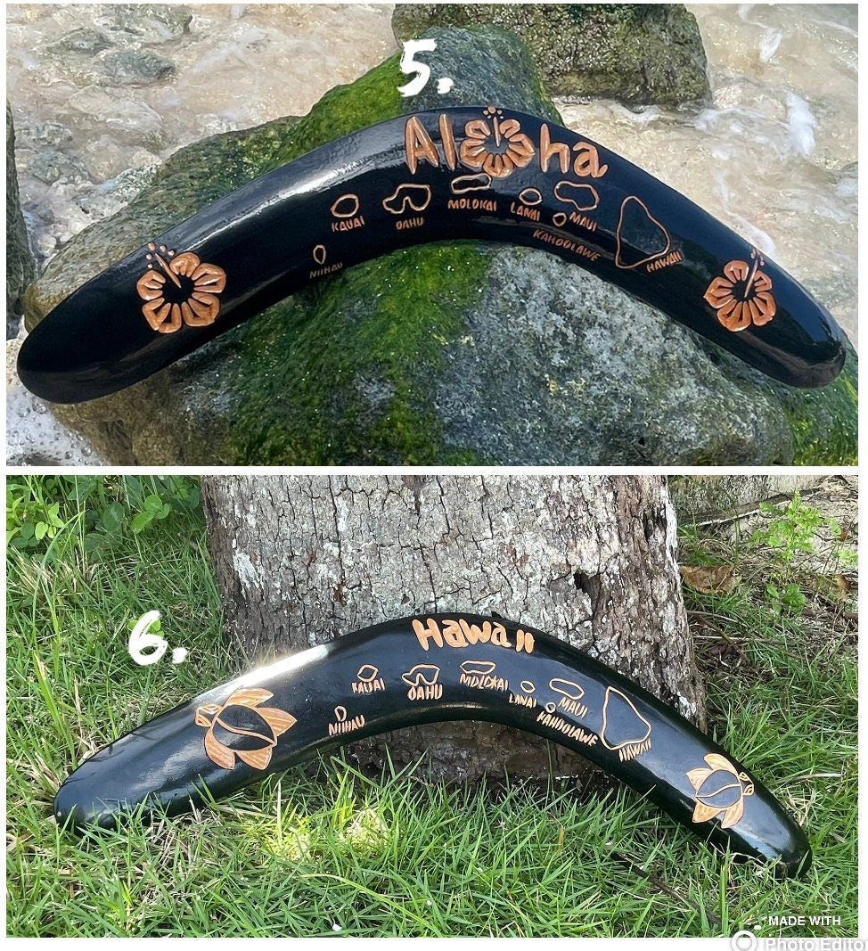 Aboriginal Polynesian Solid Wood Boomerangs with Hand Carved Hawaiian Maps, Symbols and Aloha!