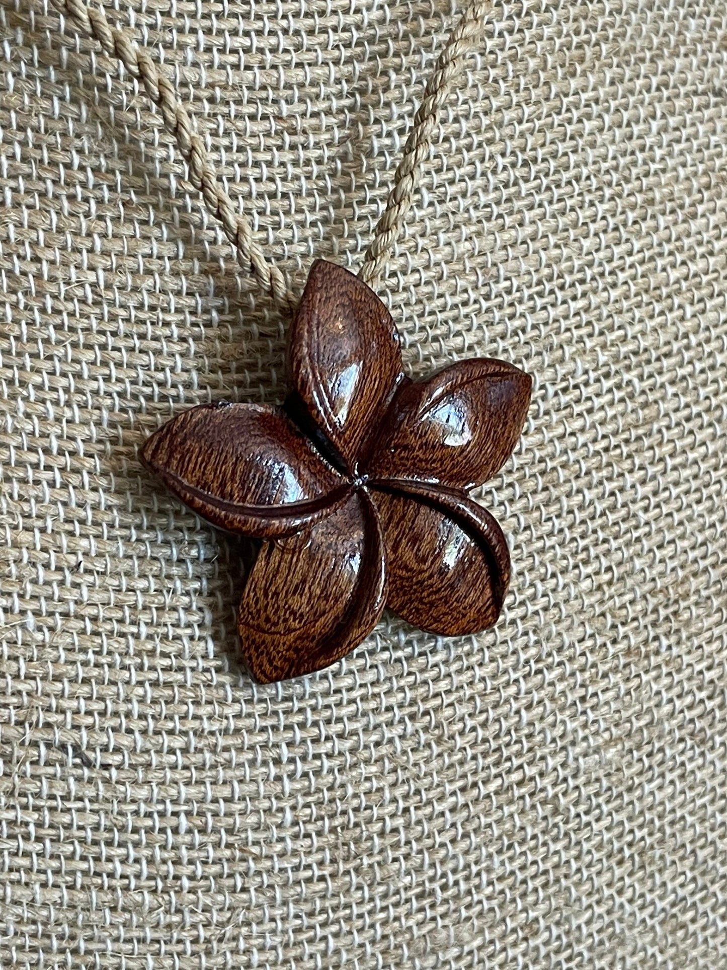 Hand Carved Koa Wood Plumeria Pendant – Adjustable Hemp Necklace