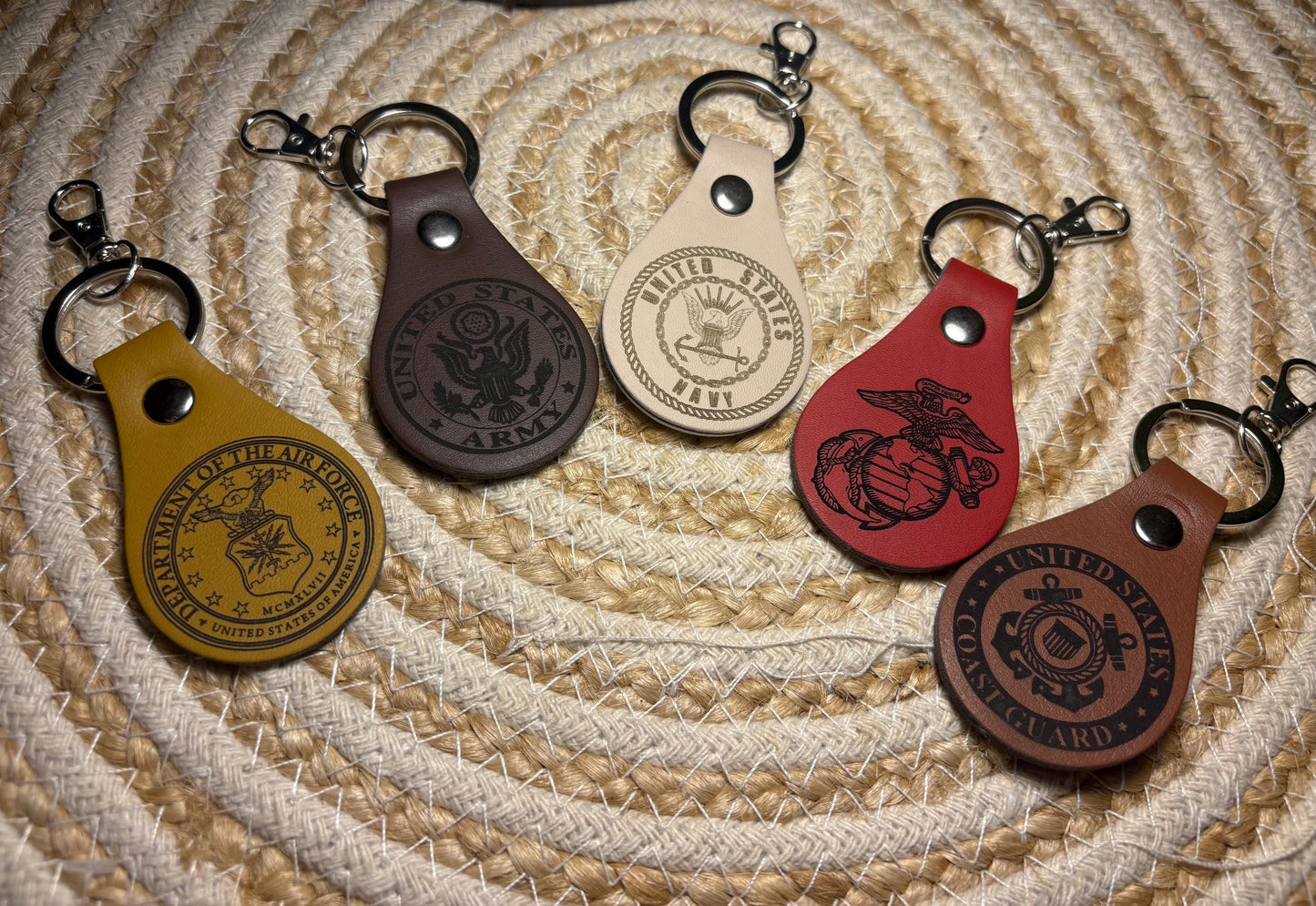 Engraved Leather US Military Keychain, Armed Forces Gift