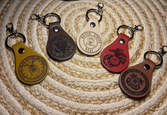 Engraved Leather US Military Keychain, Armed Forces Gift