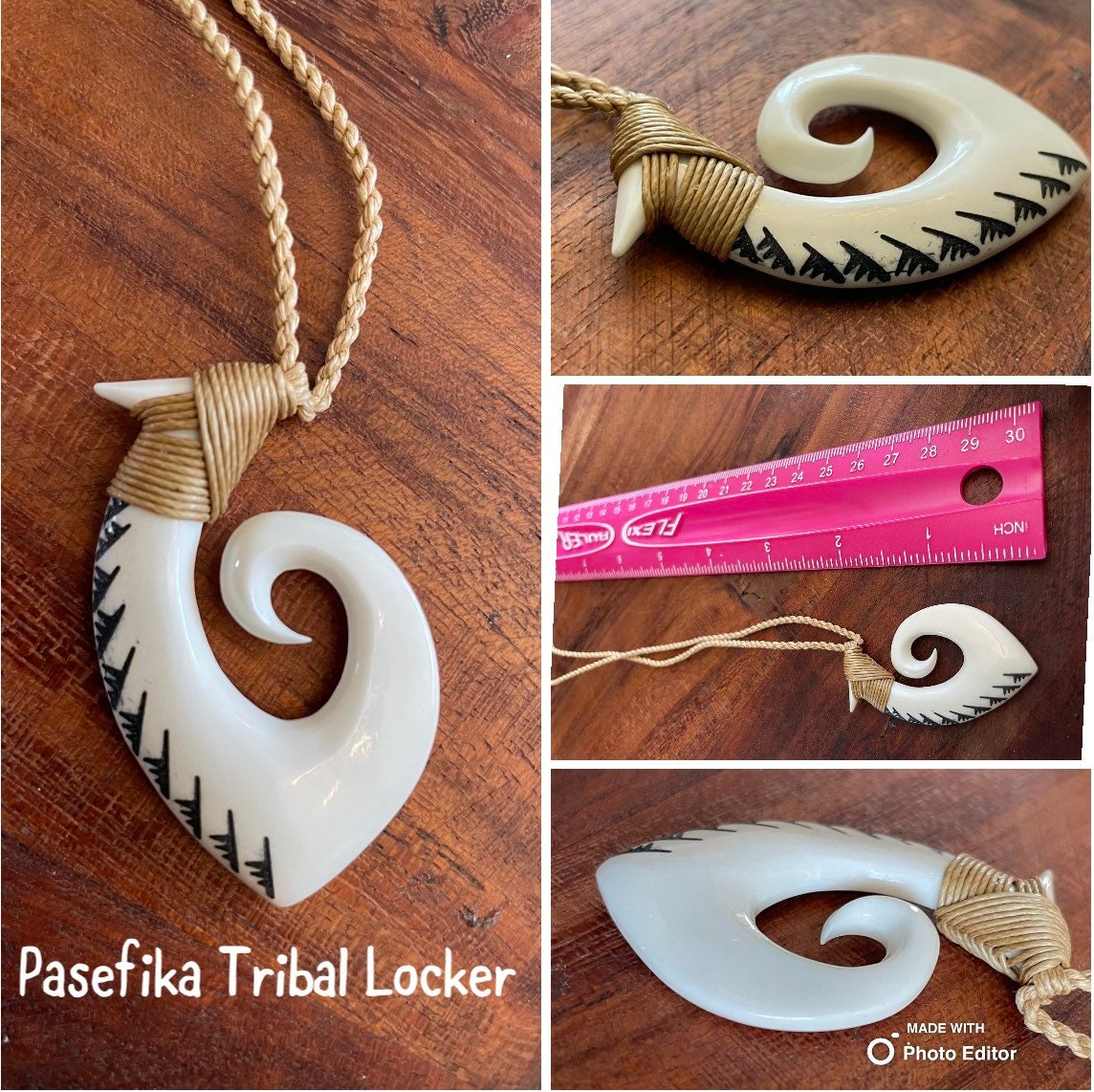 Hand Carved Buffalo Bone Makau Fish Hook Necklace - Koru Tip, Surfer Cord