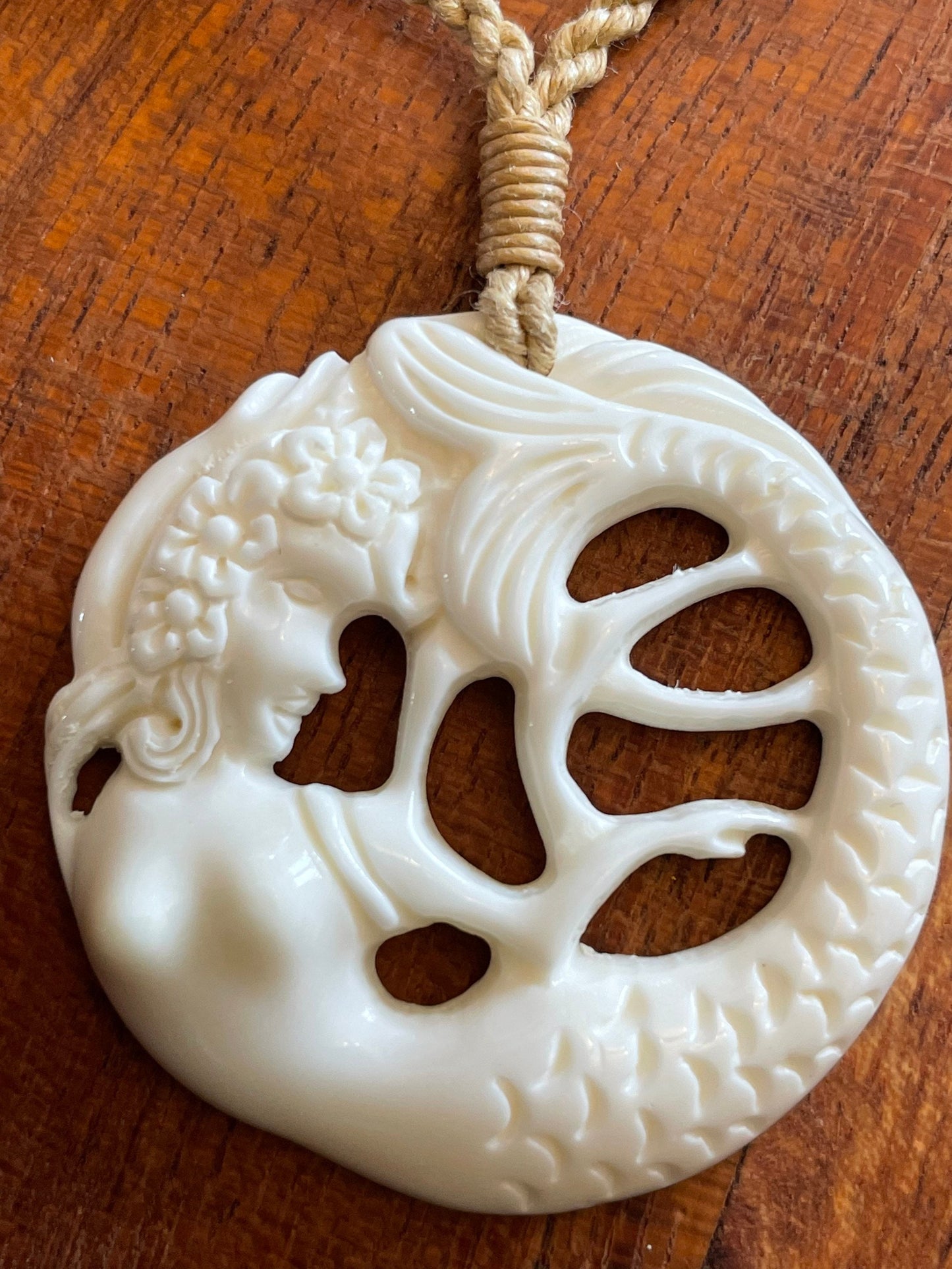 Hand Carved Buffalo Bone Mermaid Necklace - Polynesian Boho Jewelry
