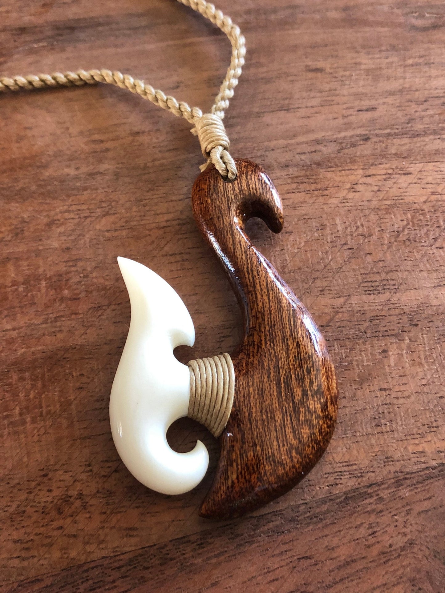 Hand Carved Bone & Koa Wood Fish Hook Necklace - Adjustable Hei Makau