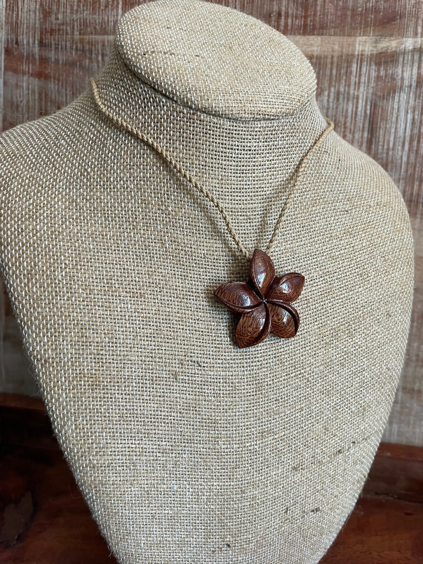 Hand Carved Koa Wood Plumeria Pendant – Adjustable Hemp Necklace