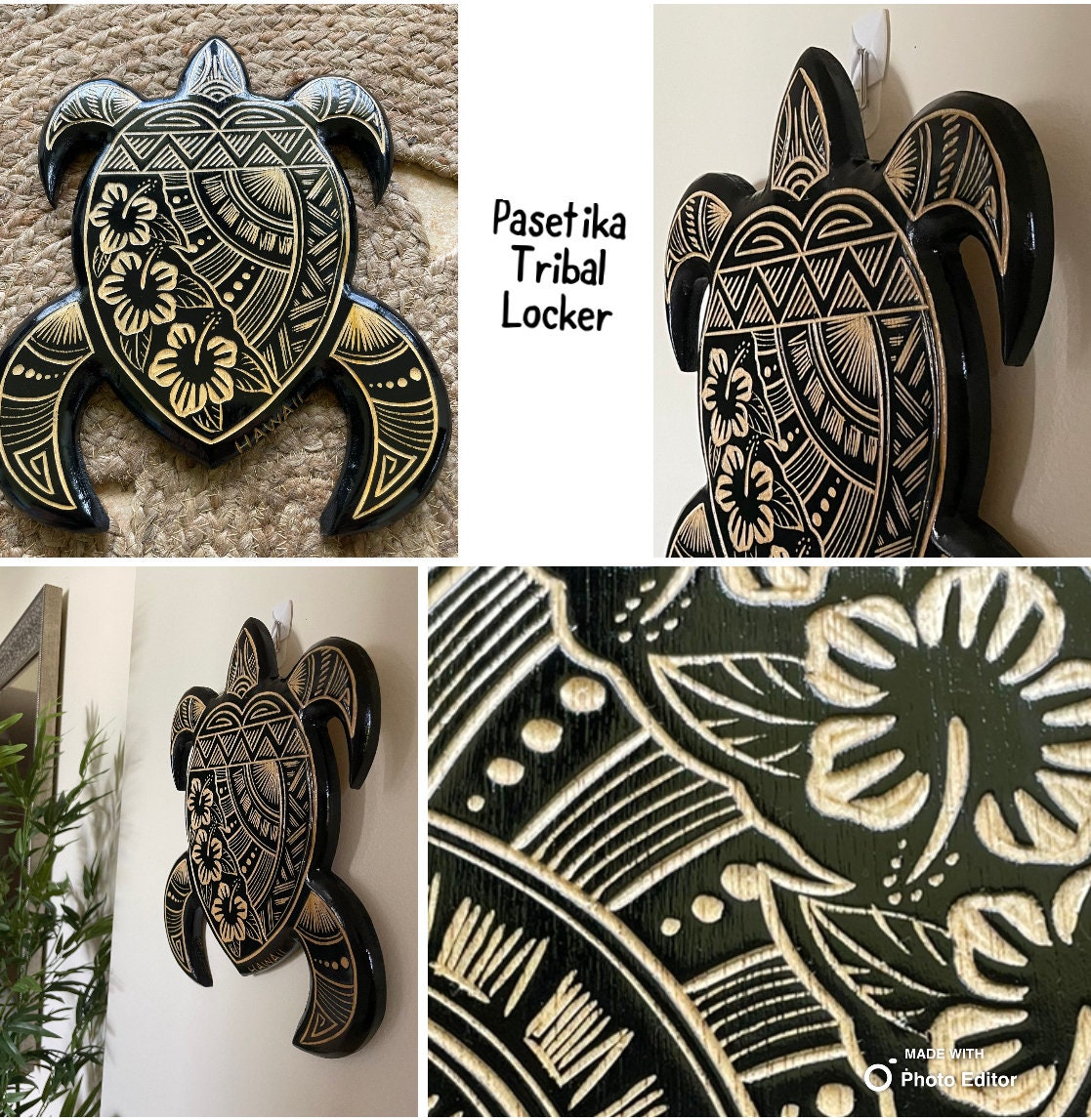 Hand Carved Polynesian Sea Turtle Plaque with Hibiscus