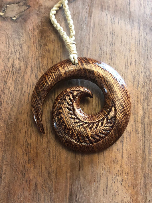 Finely Detailed, Hand-carved Solid Koa Wood Koru or Fern Adjustable Necklace