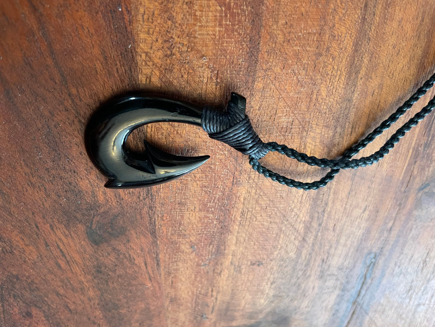 Onyx Solid Buffalo Bone/Horn, Hand Carved, Hei Makau ( Fish Hook) Adjustable Necklace