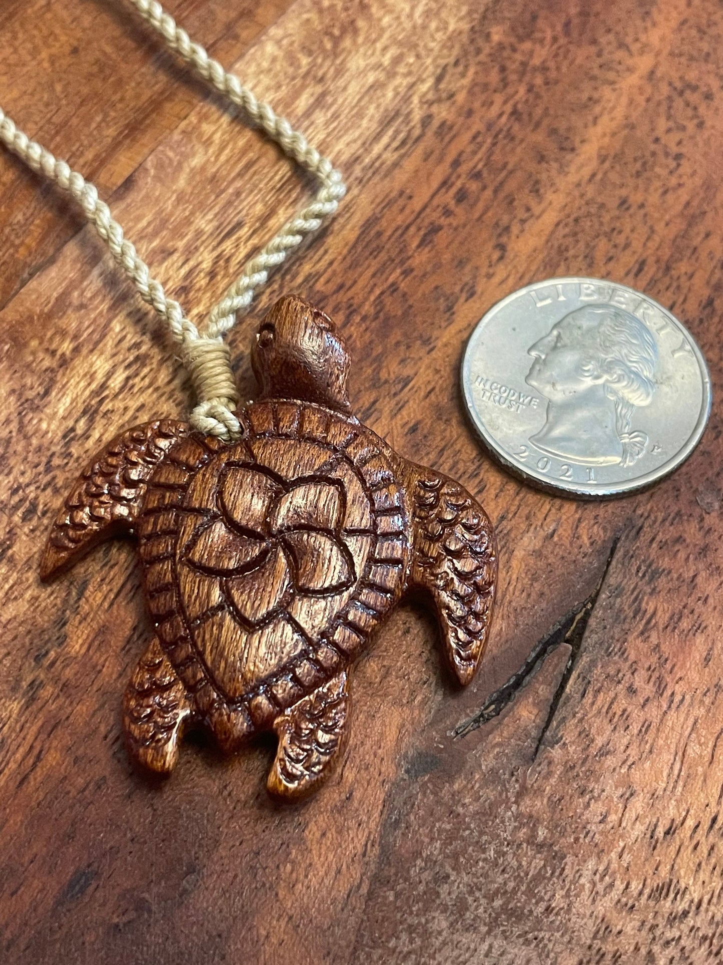 Hand Carved Koa Wood Sea Turtle Necklace - Plumeria Honu Pendant