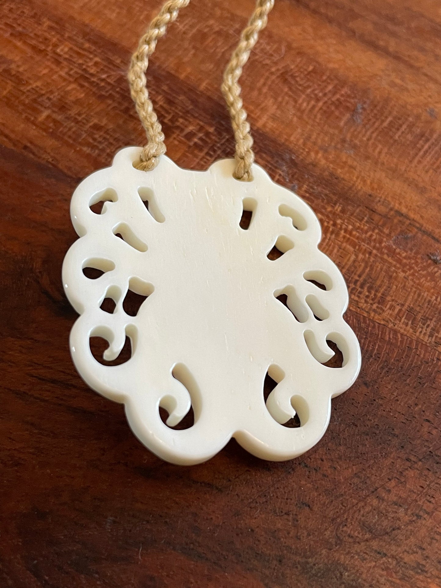 Hand Carved Buffalo Bone Octopus Pendant, Surfer Cord Necklace