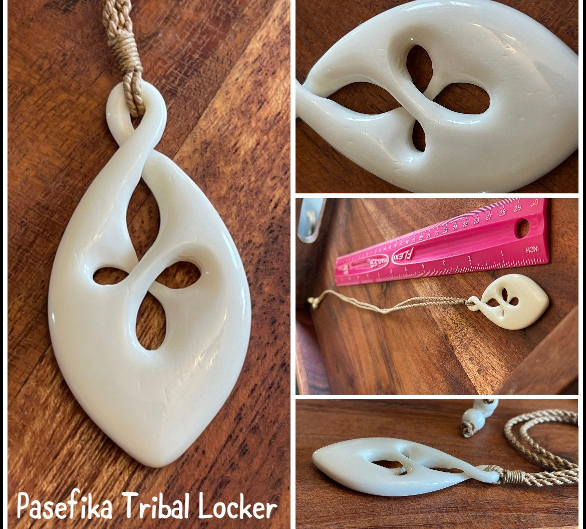 Unique Traditional Polynesian Hand Carved Solid Bone Pikura (Infinity Friends) Adjustable Necklace