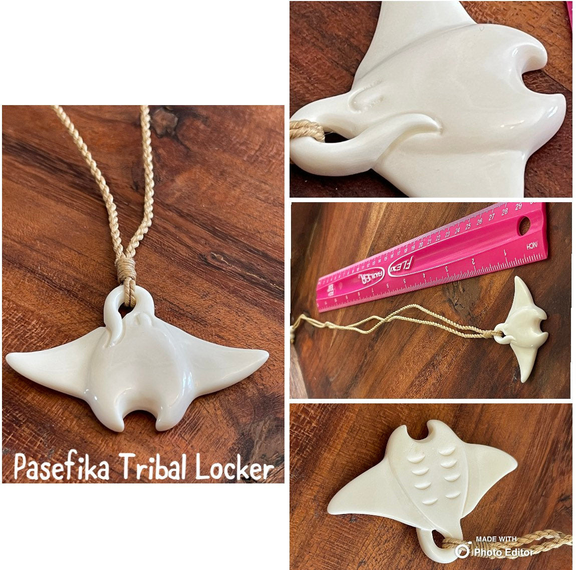 Hand Carved Buffalo Bone Manta Ray Necklace - Boho Polynesian Jewelry