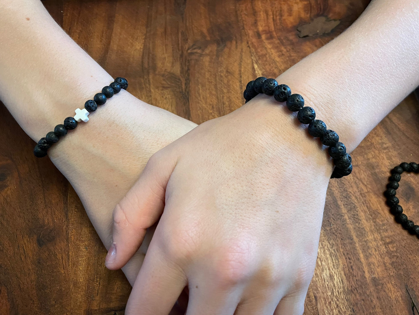 Petite 6mm Lava Bead Elastic Bracelet with Clay Cross Accent Bead