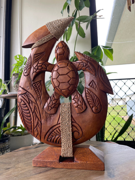 Amazingly Detailed Solid Sea Hibiscus Wood- Hand-Carved Makau with Honu or Sea Turtle on a Base. Beautiful Tribal Designs
