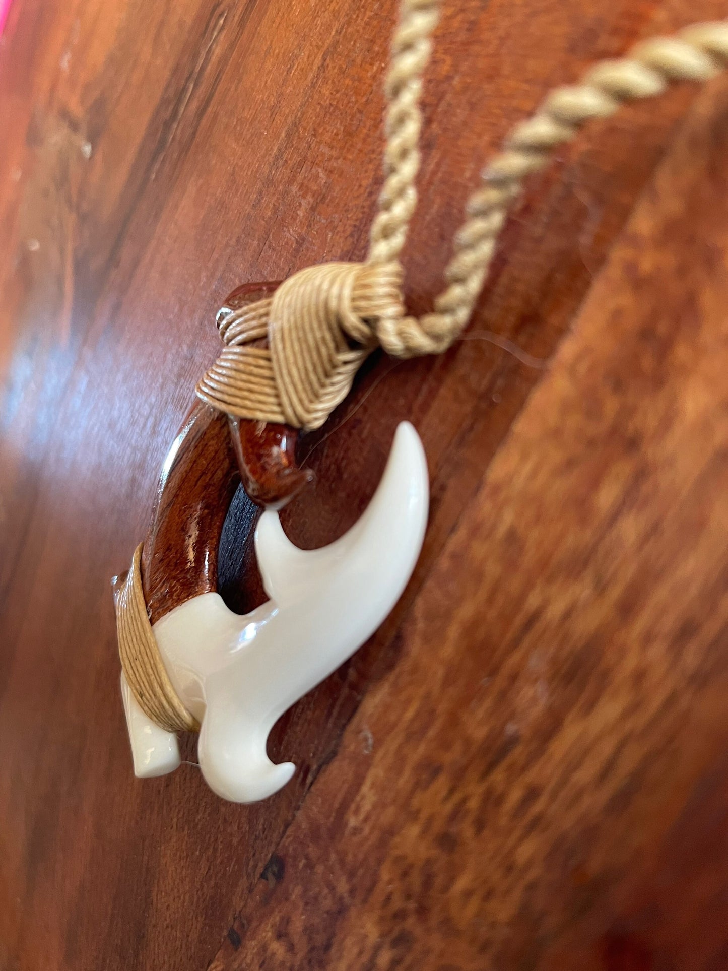 Hand Carved Koa Wood Fish Hook Necklace - Buffalo Bone Makau