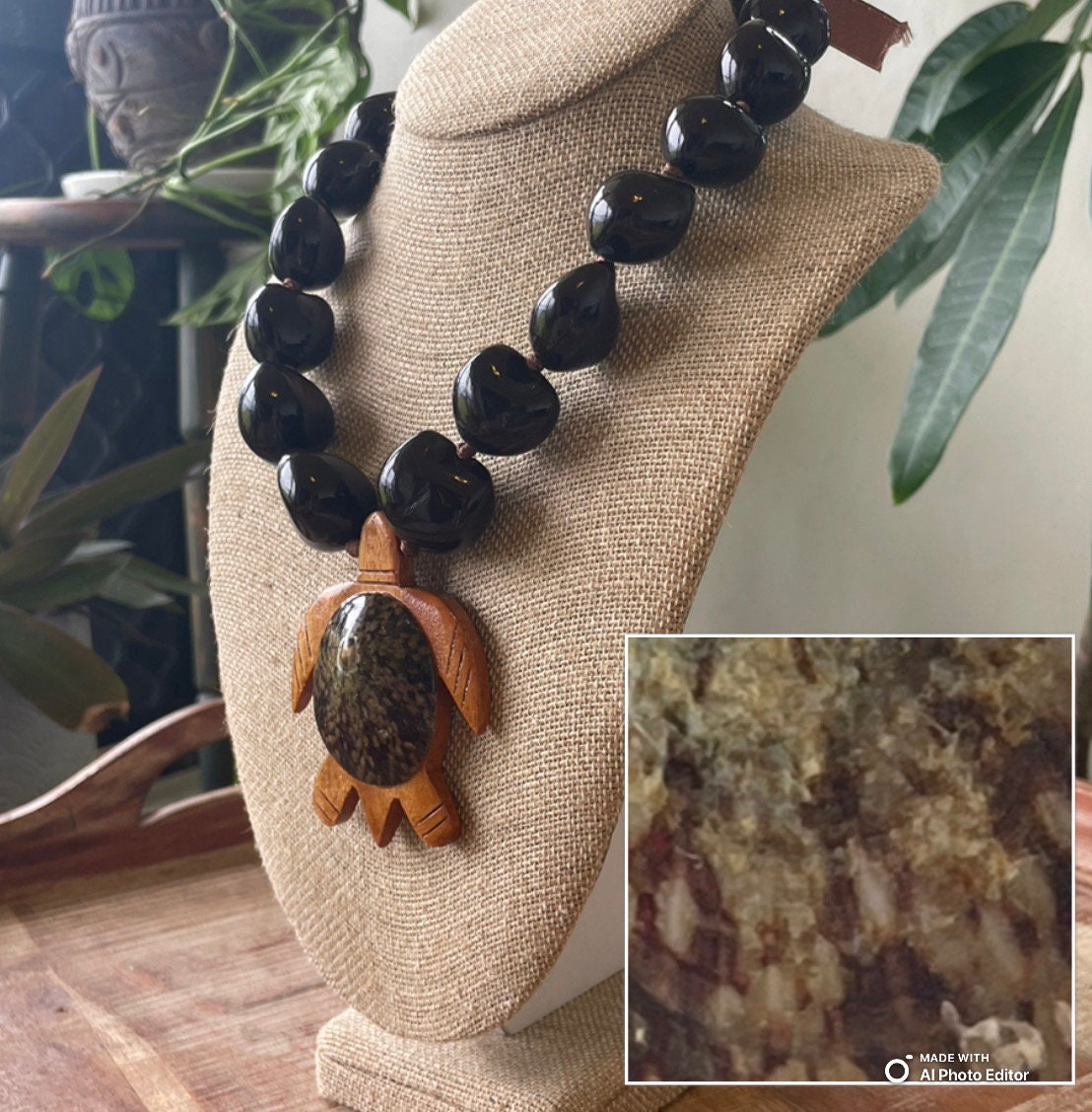 Kukui Nut Lei, Fish Hook or Sea Turtle Pendant, Albesia Wood & Shell