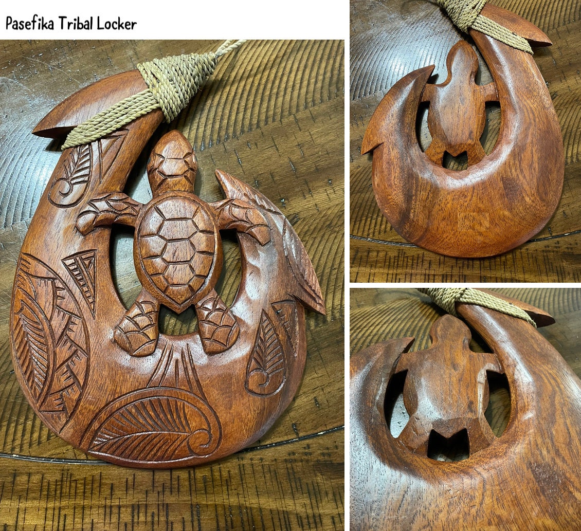 Hand-Carved Sea Hibiscus Makau – Tribal Honu Turtle Plaque