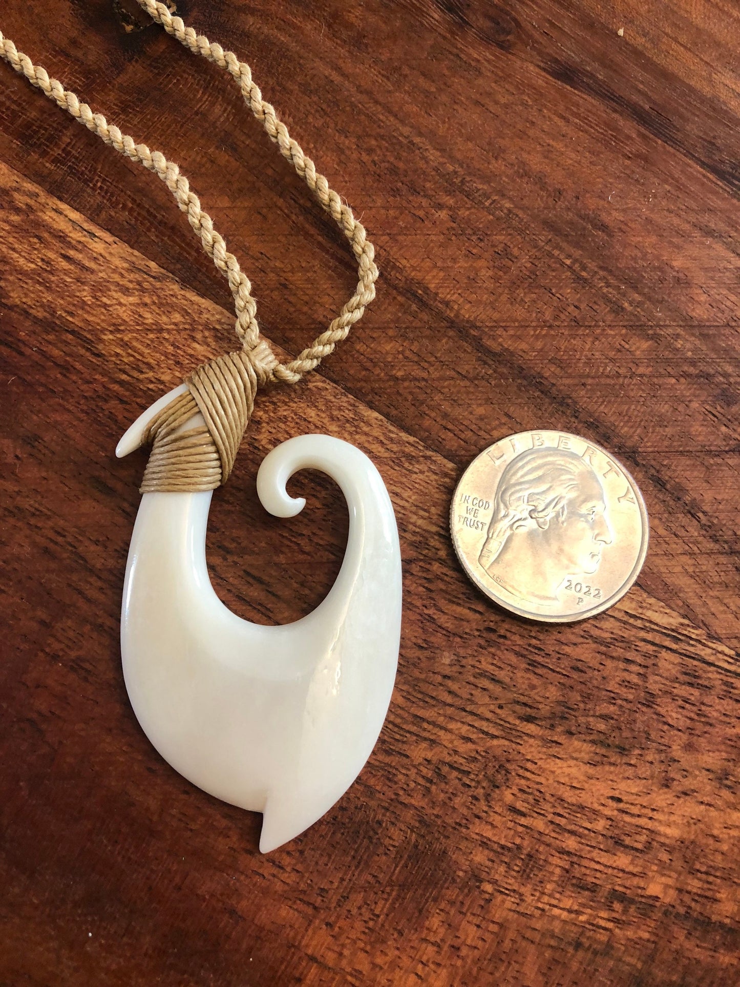 Unique Handsomely Polished Hand-Carved Buffalo Bone Hei Makau (Fish Hook) with Koru Tip