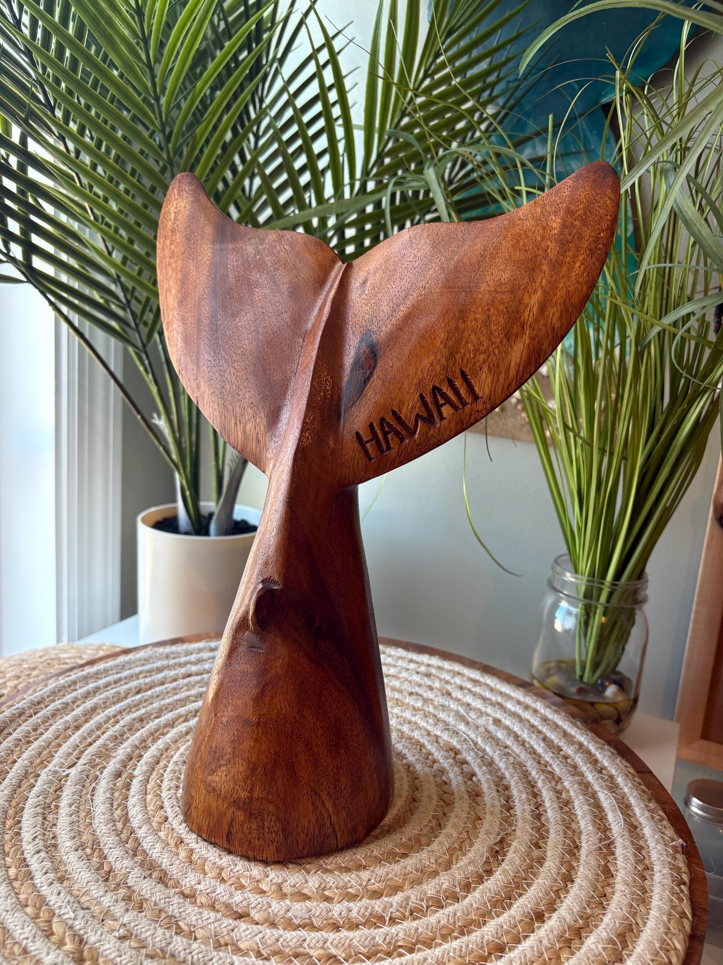 Large Hand-Carved Hibiscus-Wood Whale Tail Sculpture