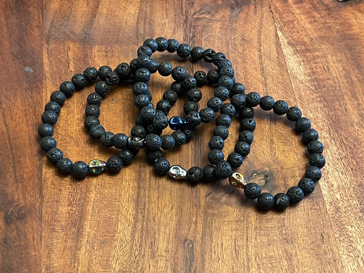 Authentic Hawaiian Lava Bead Bracelets with One-of-a-Kind Glass Skull Beads