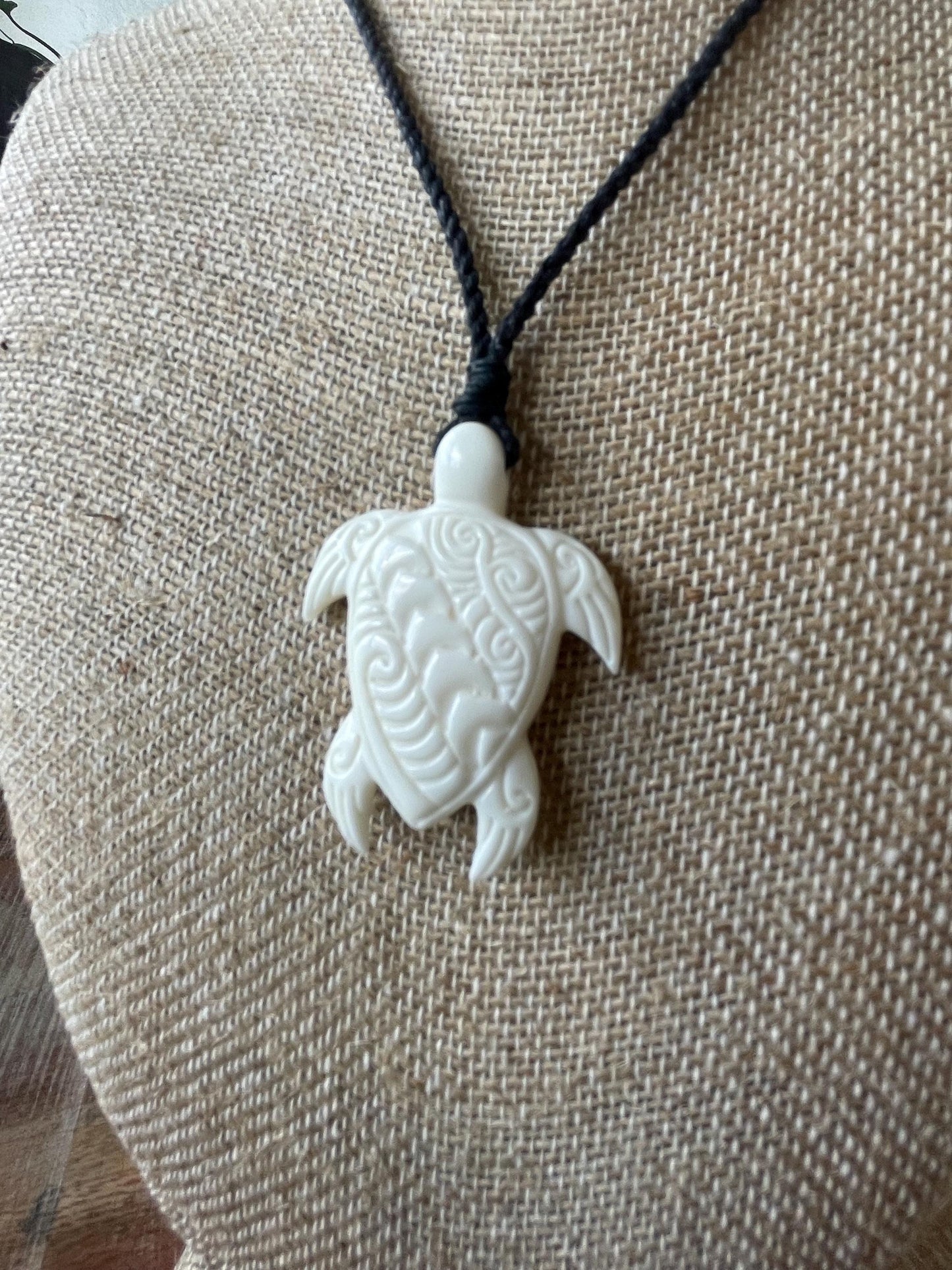 Hand Carved Buffalo Bone Sea Turtle Pendant – Adjustable Boho Necklace