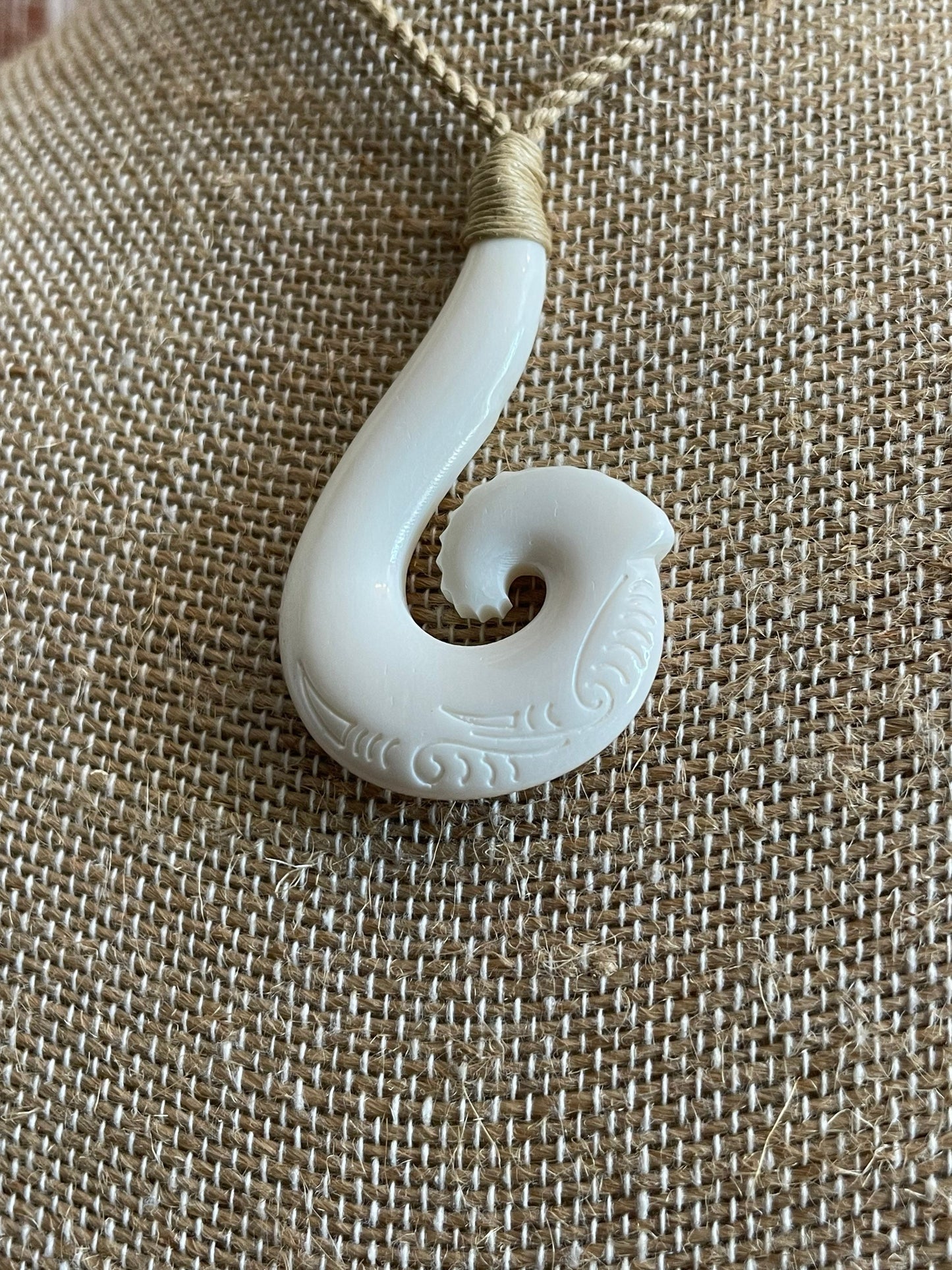 Hand Carved Buffalo Bone Makau Necklace - Adjustable Hawaiian Fish Hook