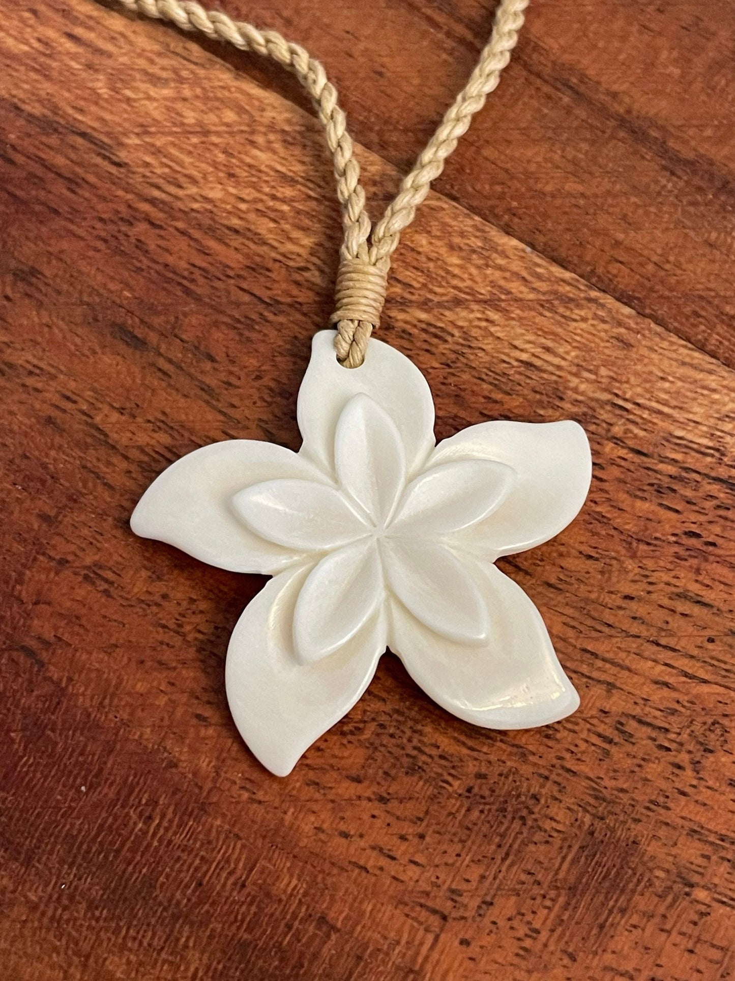 Hand Carved Bone Plumeria Necklace: Polynesian Boho Jewelry
