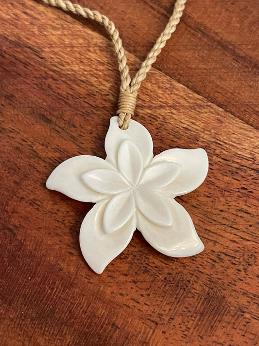Hand Carved Bone Plumeria Necklace: Polynesian Boho Jewelry