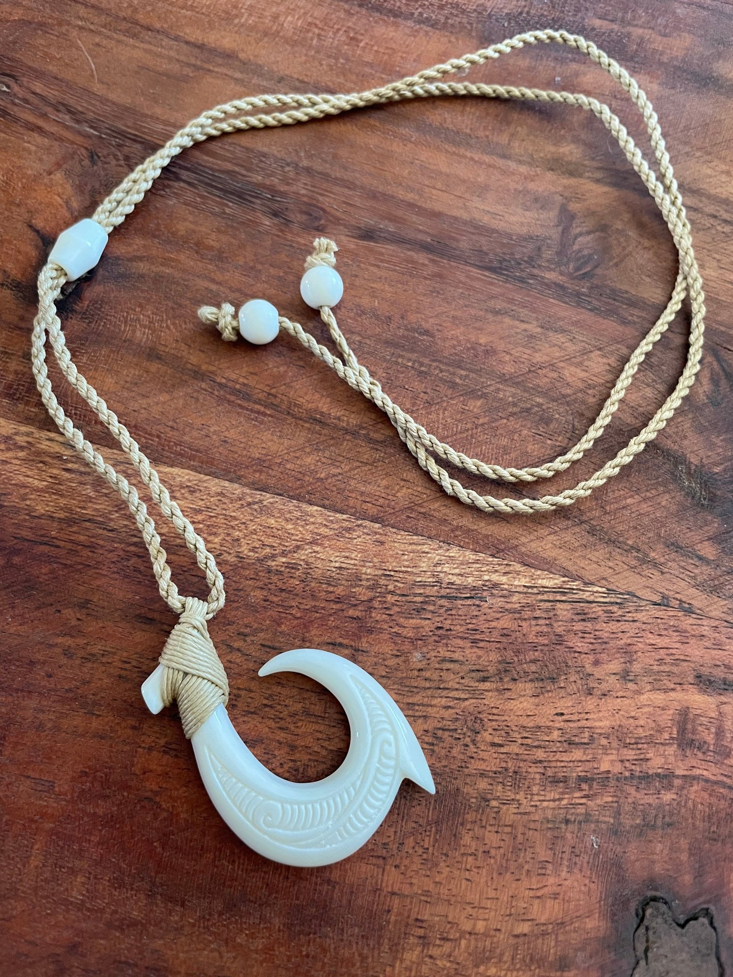Polished Polynesian Solid Buffalo Bone Hei-Makau Fish Hook Adjustable Necklace