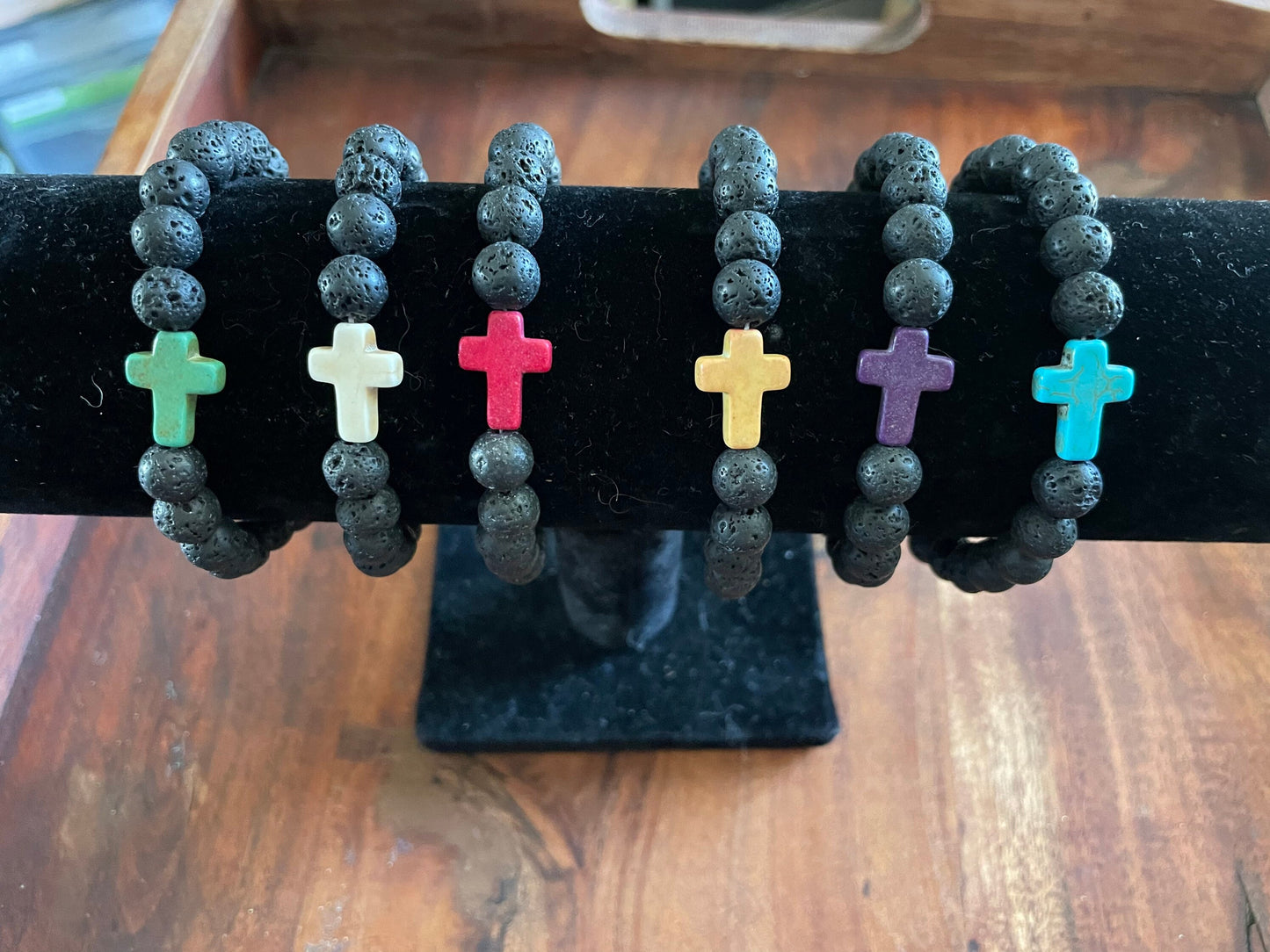 Solid Lava Beaded Elastic Bracelets with Christian Cross Clay Bead