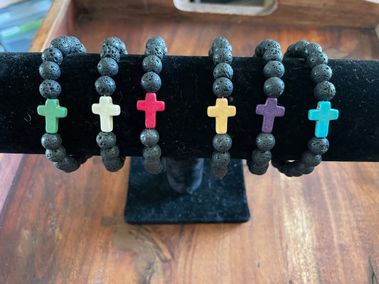 Solid Lava Beaded Elastic Bracelets with Christian Cross Clay Bead